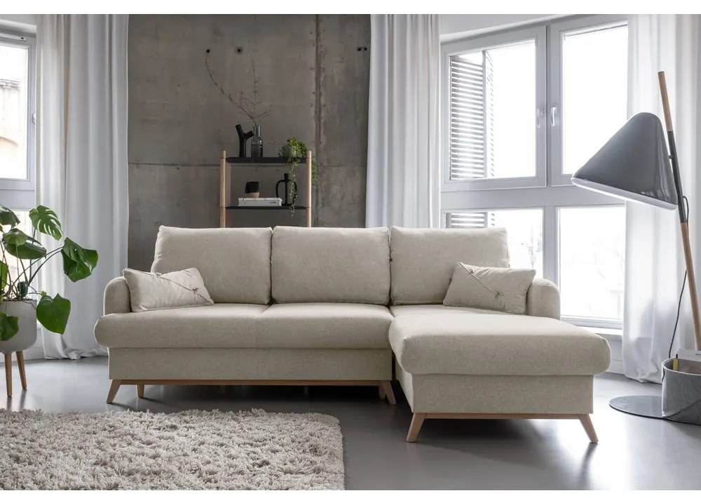 Bézs kinyitható-tárolóhelyes sarokkanapé (jobb oldali-heverő résszel) Scandic Lagom – Miuform