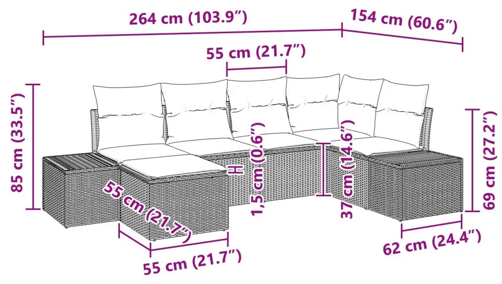 6 részes Kert Sofaszett Párnákkal - Bézs Poli Rattan