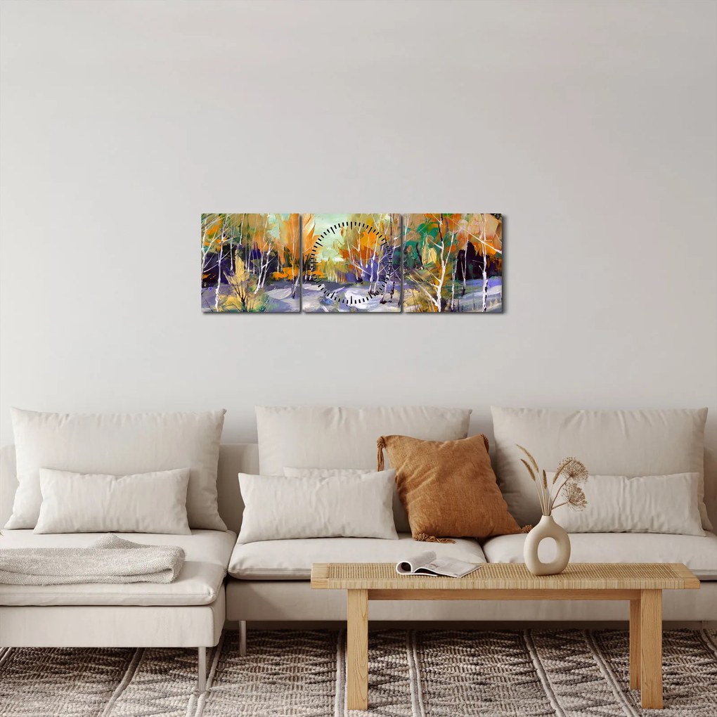 Kép - havas út az erdőben, olajfestmény (órával) (90x30 cm)