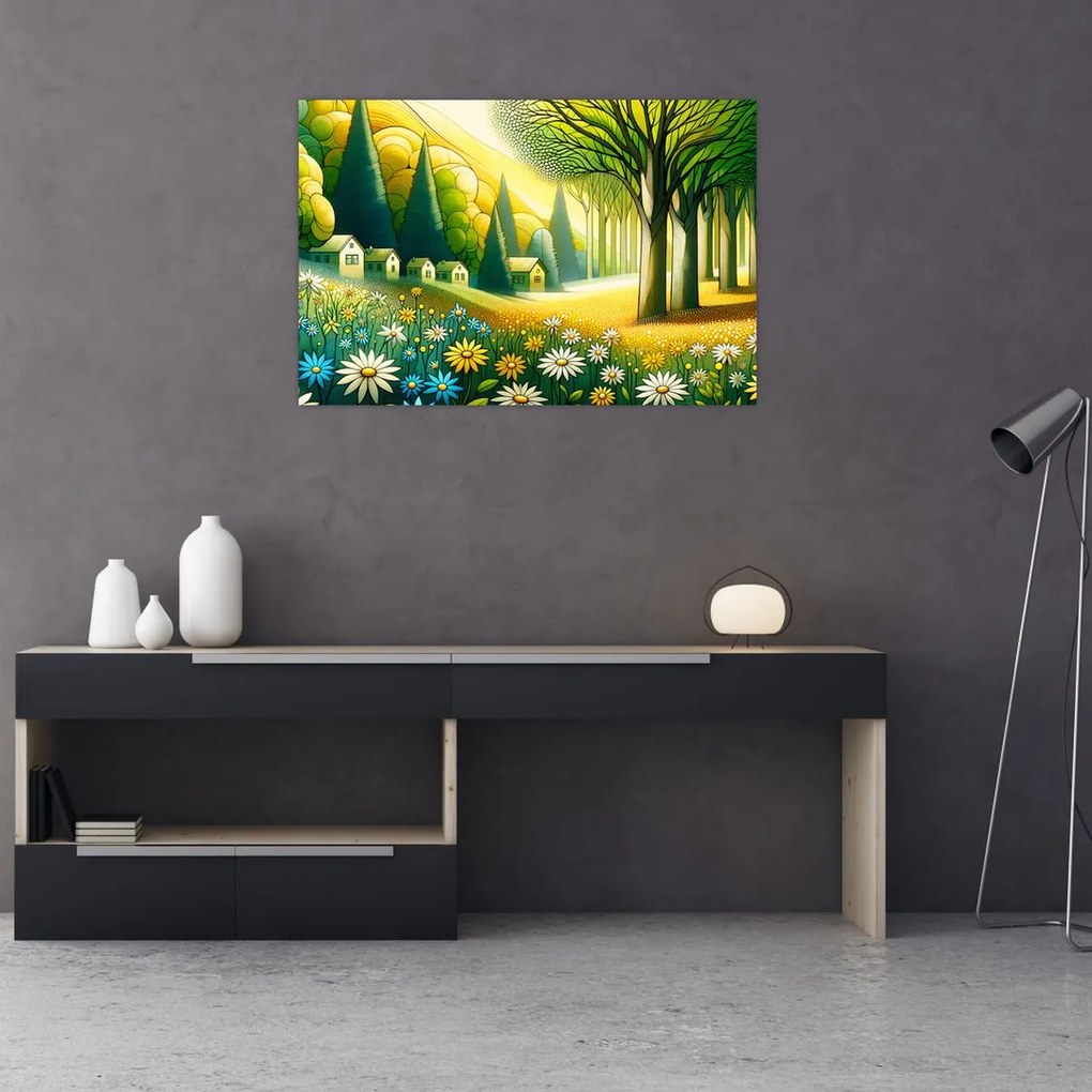 Kép - Falu sárga-zöld színekben (90x60 cm)