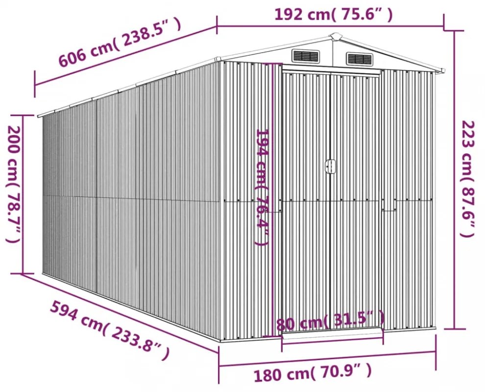 világosszürke horganyzott acél kerti fészer 192 x 606 x 223 cm