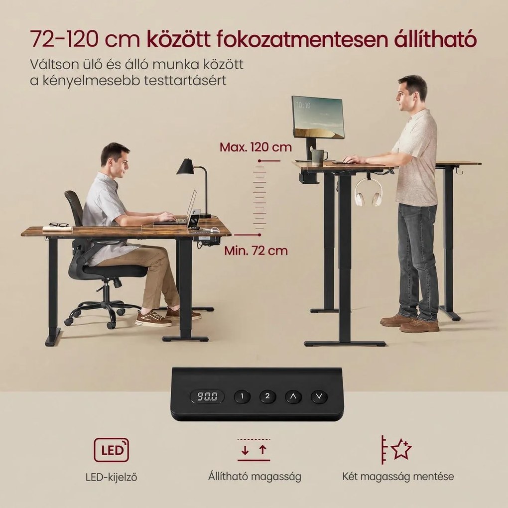 Elektromos magasságállítható L-alakú íróasztal, 140 x 160 cm, töltőállomással, 2 memóriahelly