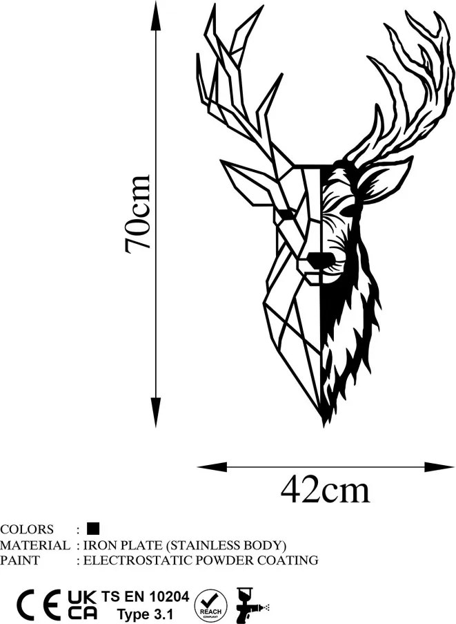 Fém fali dekoráció, deer, 42x70 cm