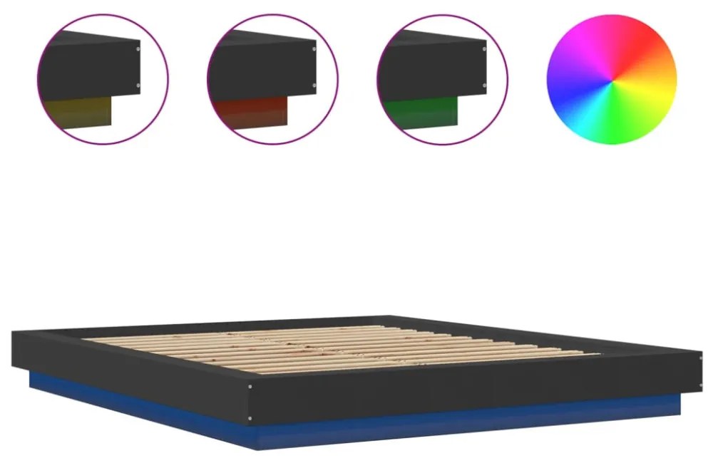 fekete szerelt fa ágykeret LED-világítással 150 x 200 cm