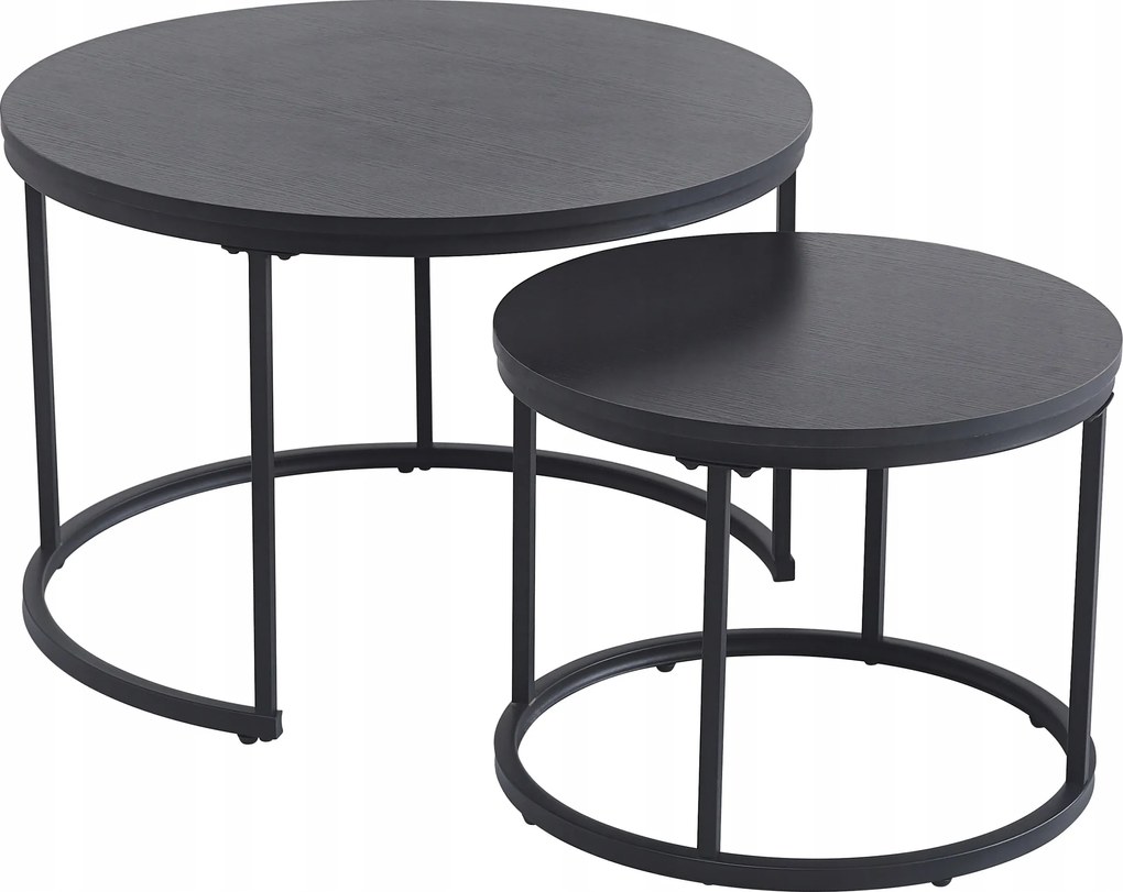 2 db-os Dohányzóasztal Szett Loft Kerek Fekete Modern Ipari 70/50 cm