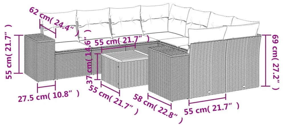 9 részes szürke polyrattan kerti ülőgarnitúra párnákkal