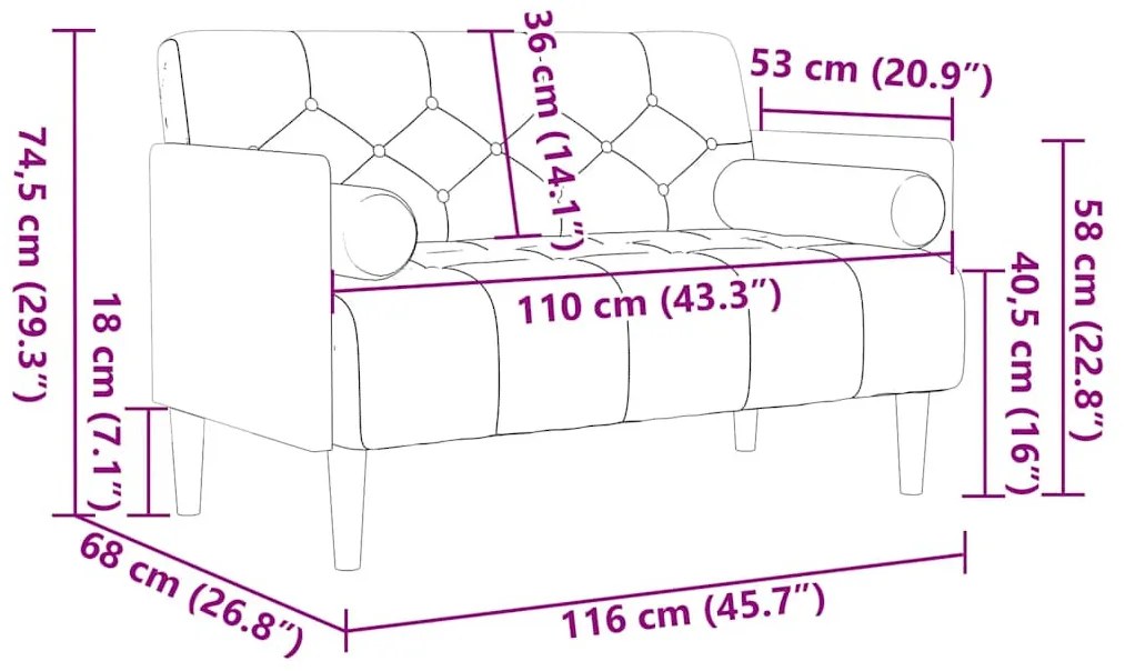 barna bársony loveseat kanapé párnákkal 110 cm