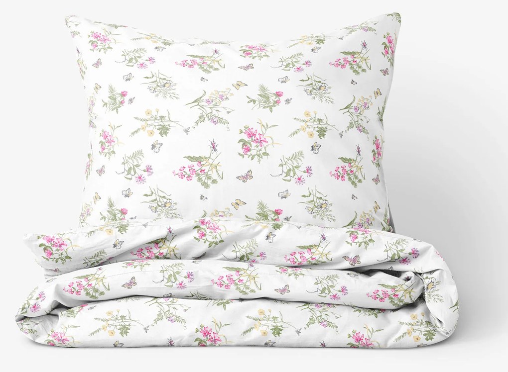 Goldea pamut ágyneműhuzat - színes réti virágok fehér alapon 240 x 220 és 2db 70 x 90 cm