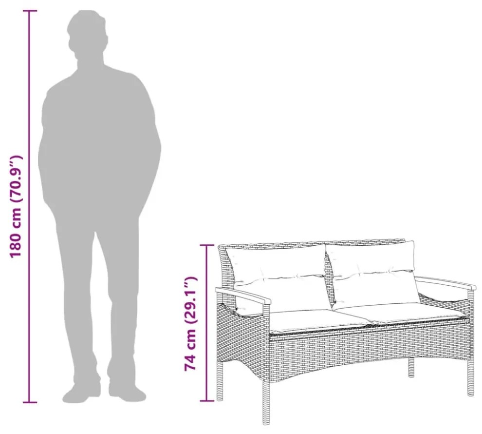 fekete polyrattan kerti pad párnával 116 x 62,5 x 74