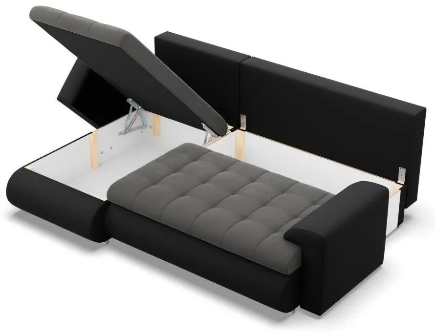 Tokio sarokkanapé, 2 ágyneműtartóval, bársony + műbőr, baloldali, szürke - fekete