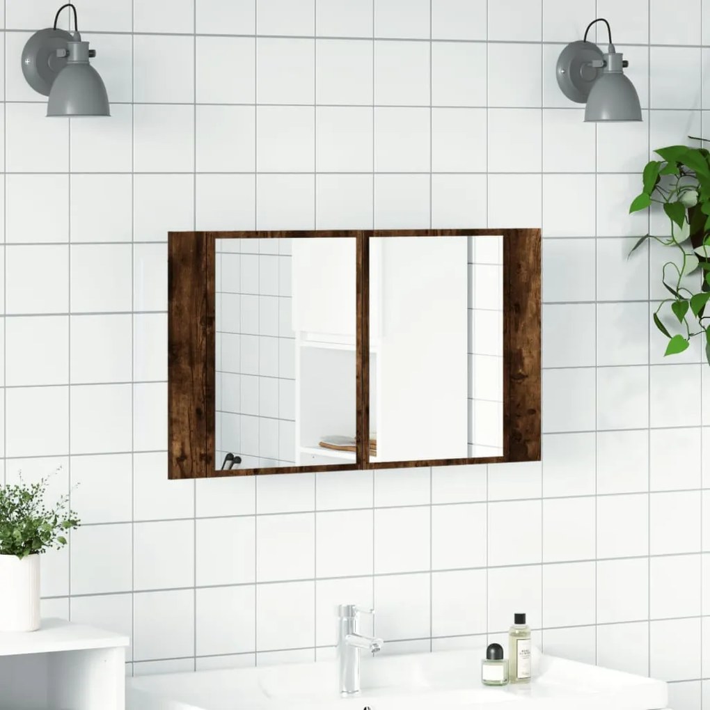 füstös tölgy akril LED-es tükrös fürdőszobaszekrény 80x12x45 cm