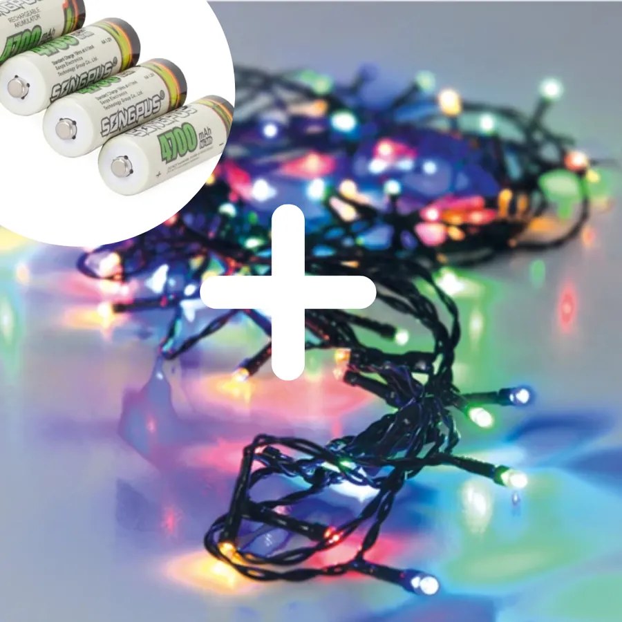 96 LED-es színes fényfüzér + 4 db 4700 mAh AA újratölthető elem – tökéletes ünnepi csomag