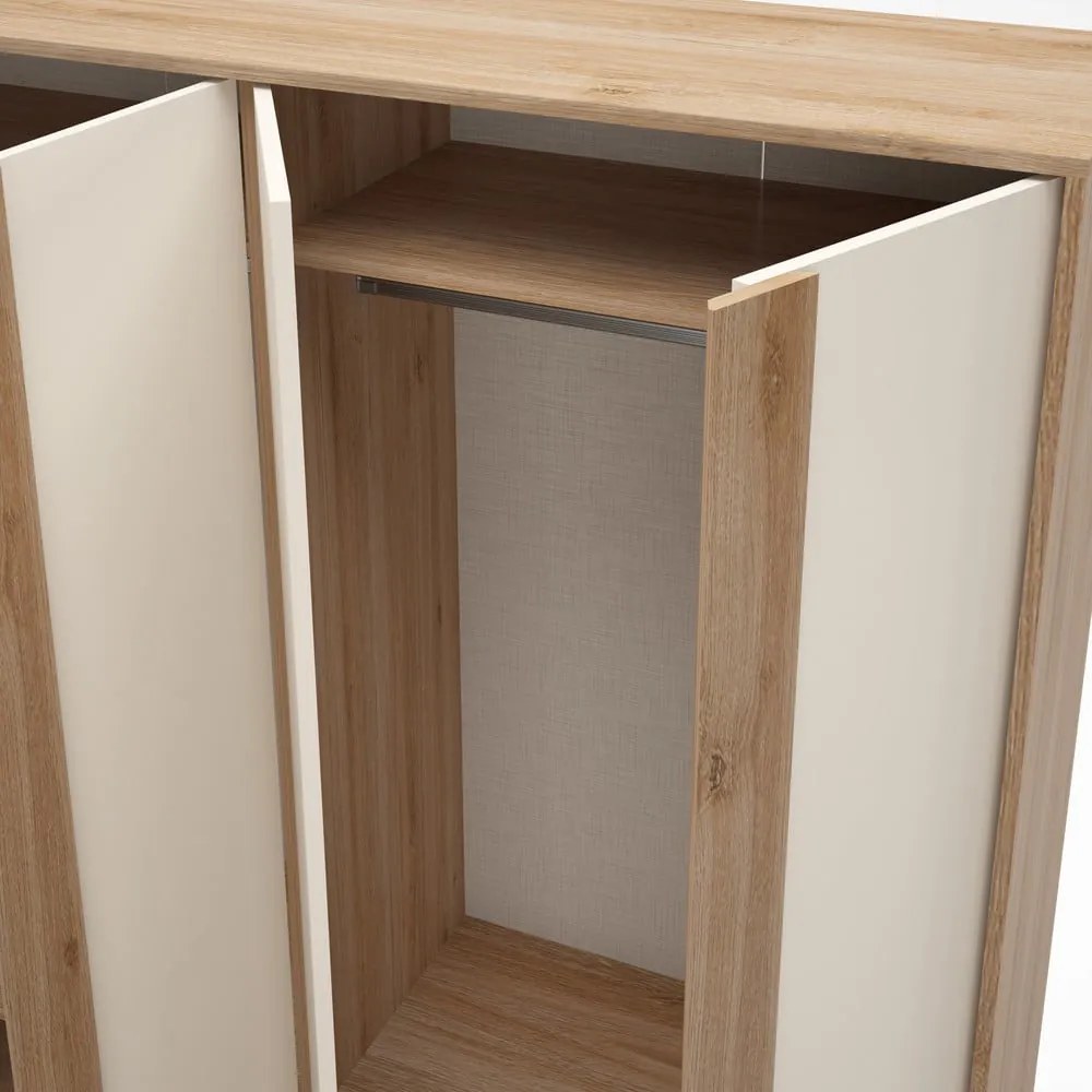 Krémszínű-natúr színű ruhásszekrény tölgyfa dekorral 180x197,5x53 cm Dennis – Marckeric