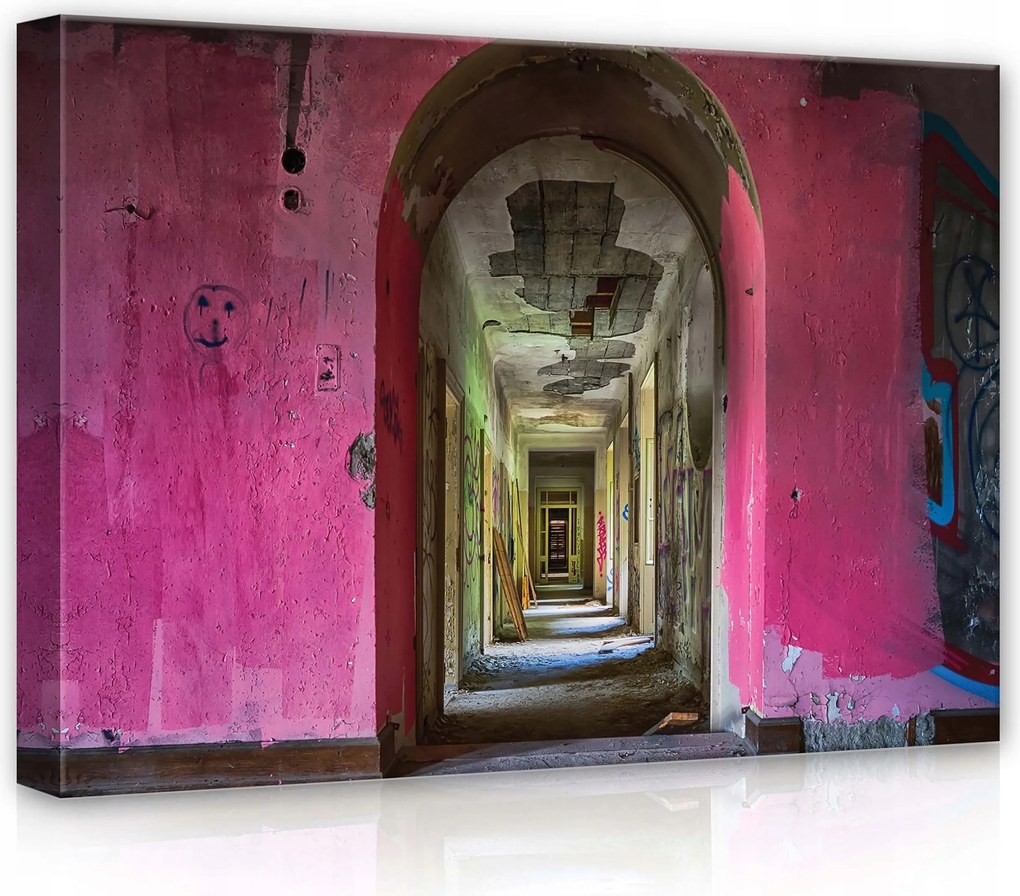 Vászonkép 70x50 Elhagyatott rom folyosó ív rózsaszín graffiti falak