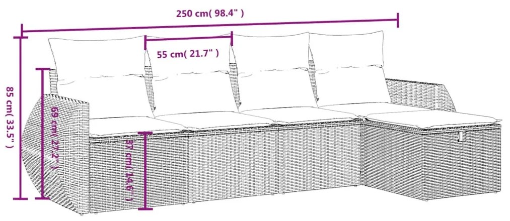 5 részes fekete polyrattan kerti kanapészett párnákkal