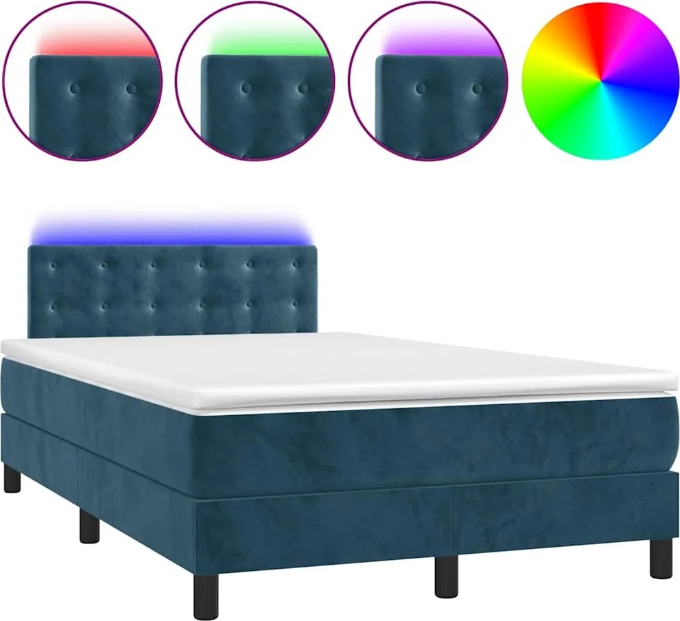 vidaXL sötétkék bársony rugós és LED-es ágy matraccal 120x200 cm