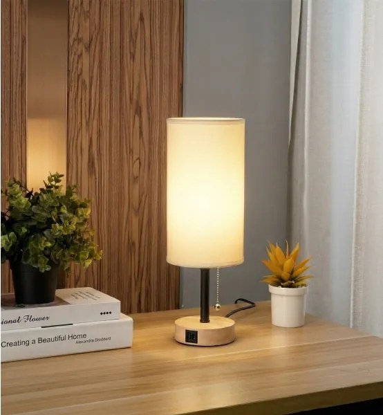 Brilagi - Asztali lámpa USB-porttal TABLON 1xE27/25W/230V tölgy/fekete/fehér