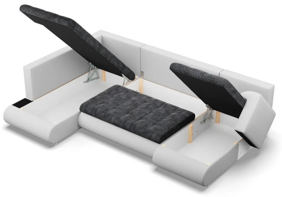 Tokio U sarokkanapé, 3 ágyneműtartóval, fonott + műbőr, baloldali, sötétszürke - fehér