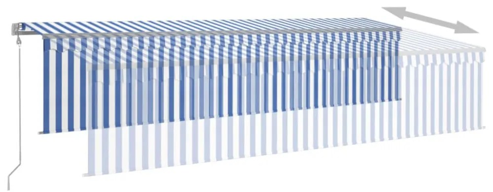 kék és fehér redőnyös, szélérzékelős, LED-es napellenző 6x3 m
