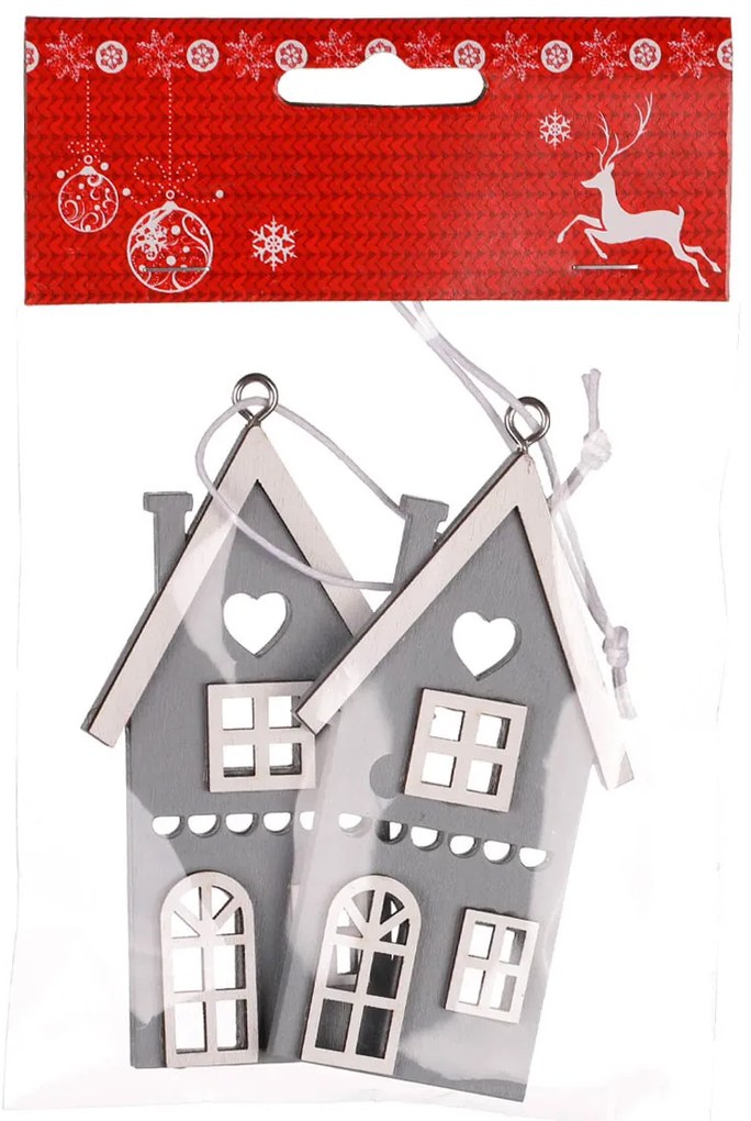 Függő fa házikó, szürke, magasság 9 cm, 4 db-oskészlet