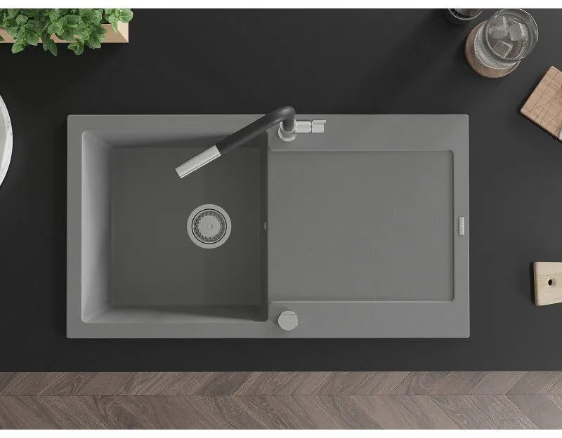 Mexen Leo, 1 kamrás gránit mosogató 900x500x190 mm és Flora mosogató csaptelep, szürke, 6501-71-670401-07