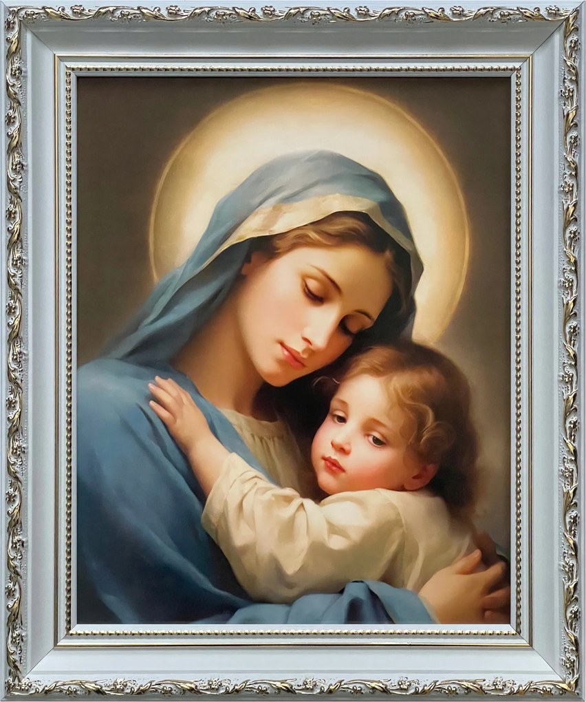 Vászonkép 31x26 Mária Szűzanya A Kis Jézussal Fehér Díszített Keret