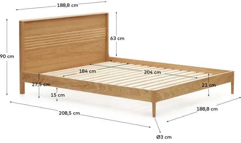 Natúr színű tölgyfa franciaágy ágyráccsal 180x200 cm Lenon – Kave Home