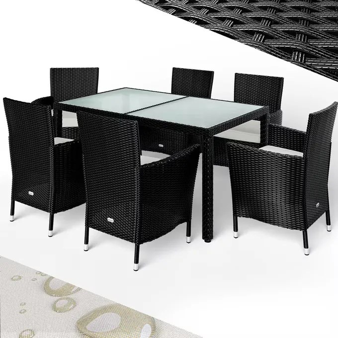 Casaria® Berlin 1+6 kerti polyrattan bútor szett - fekete