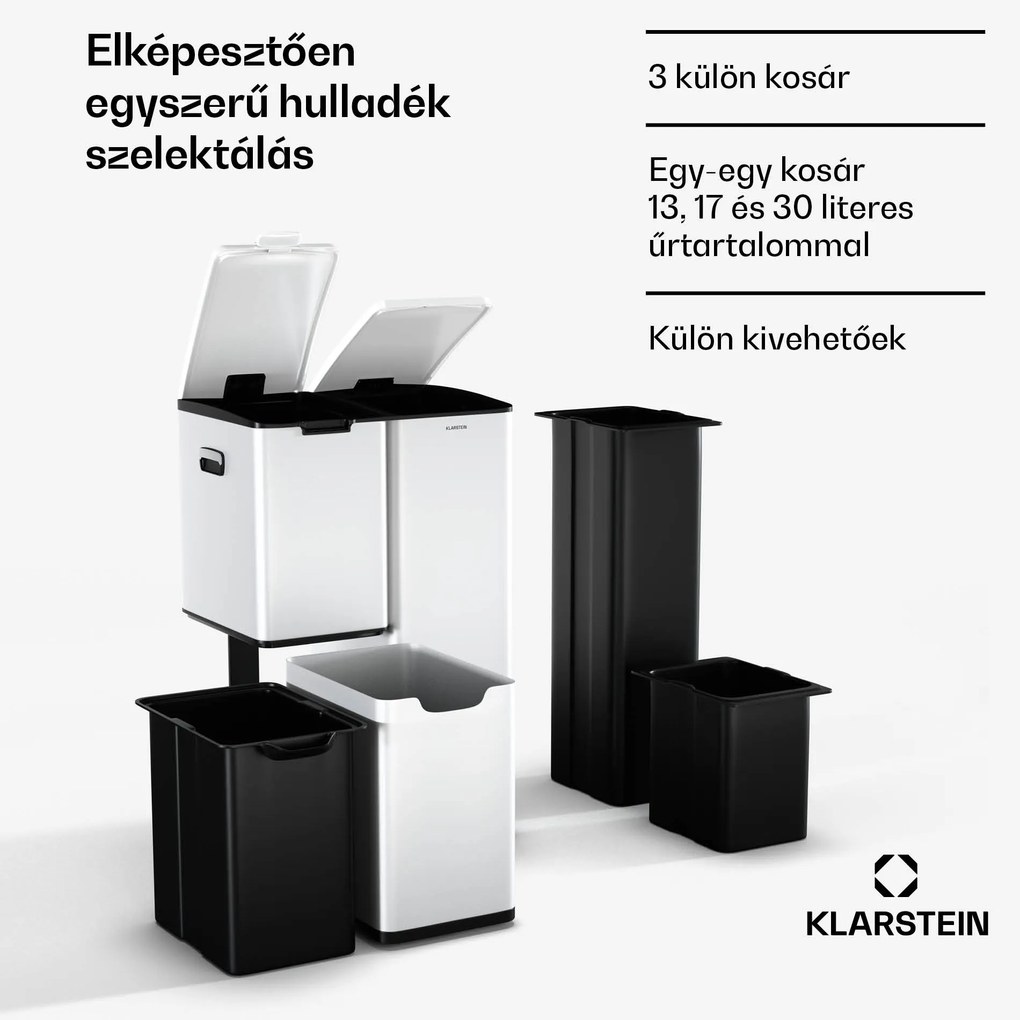 Klarstein Tiyo 3 az 1-ben hulladékgyűjtő 60 l, 30 l + 17 l + 13 l, hulladékválogatás, csendes záródás, rozsdamentes acél fedél