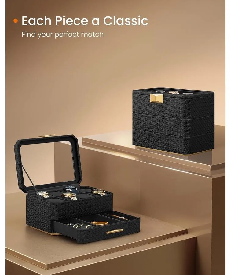 8 rekeszes óratartó doboz, tintafekete