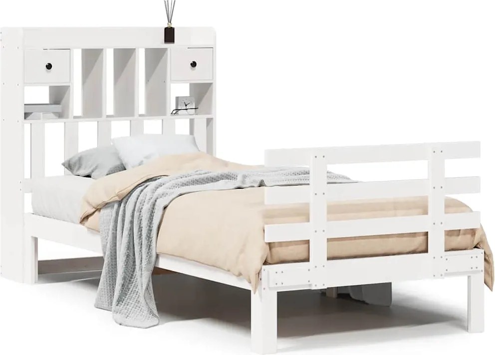vidaXL fehér tömör fenyőfa könyvespolcos ágy matrac nélkül 75 x 190 cm