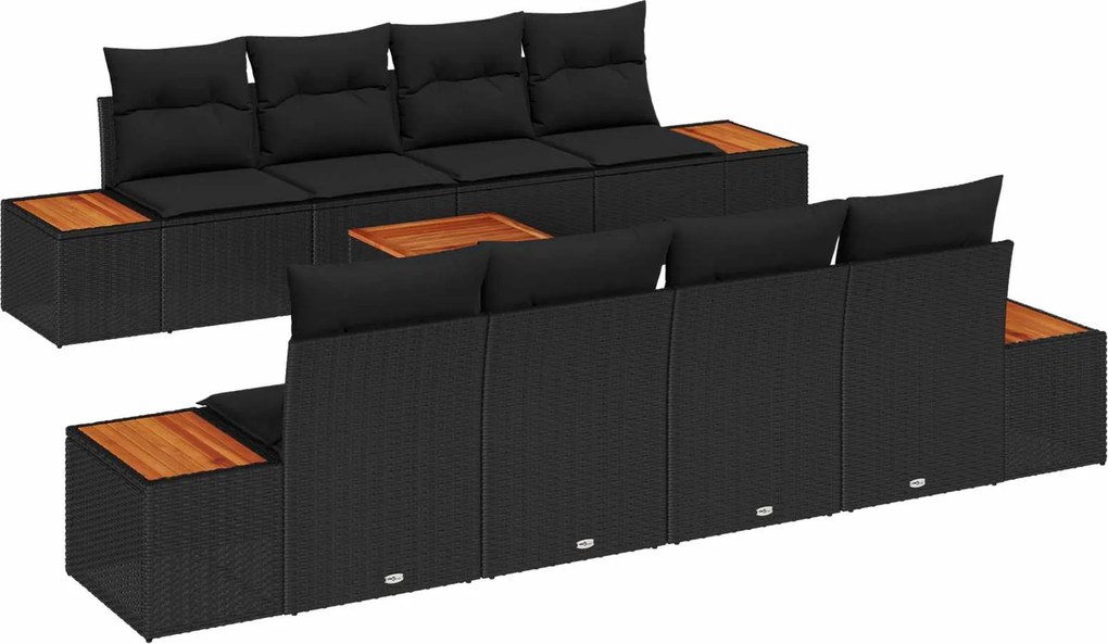 vidaXL Kerti Kanapé Szett párnával tárolóval 9 pcs Fekete Poli rattan