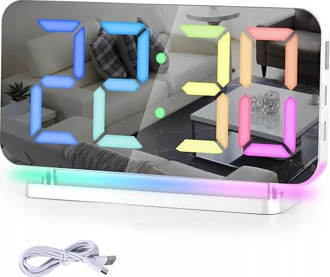Digitális Ébresztőóra Háttérvilágítással Rgb Led Tüköróra Fehér