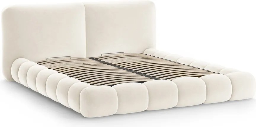 Elefántcsont színű kárpitozott ágyneműtartós franciaágy ágyráccsal 200x200 cm Solange – Micadoni