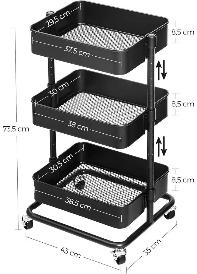 3 szintes tárolókocsi, gurulókocsi- Fekete