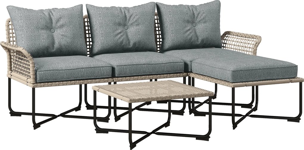 Outsunny 5 darabos szürke szintetikus rattan kerti bútor szett kültéri használatra, 2 sarokkanapéval, 1 kültéri kanapéval, 1 puffal, 1 kávézóasztallal