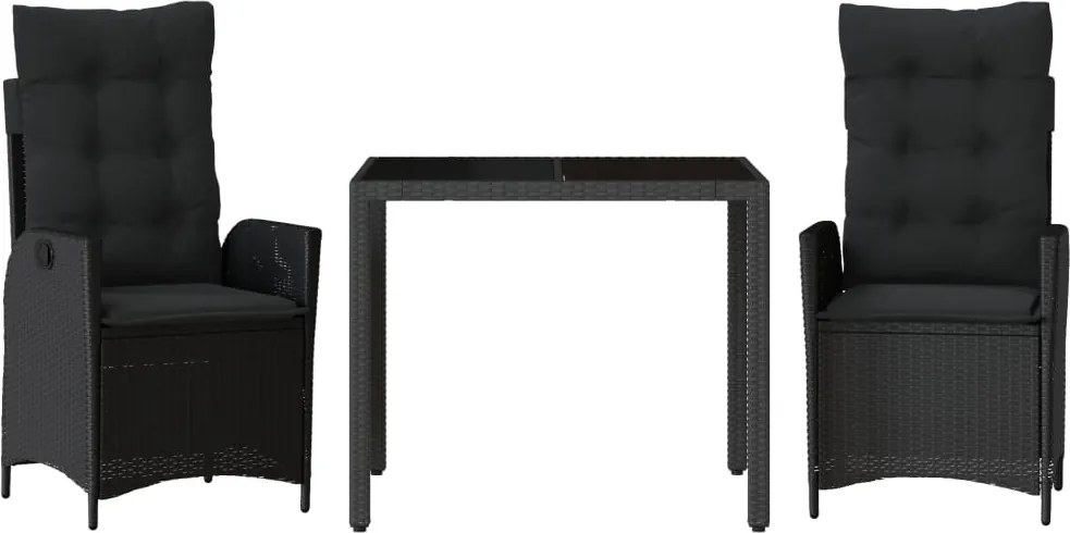 vidaXL 3 részes fekete polyrattan kerti étkezőgarnitúra párnákkal