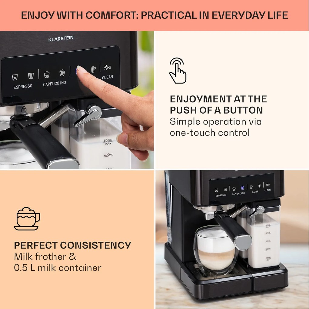 Klarstein Arabica Comfort, kávégép portaszűrővel, 1350 W, 20 bar, 1,8 l, érintőképernyő