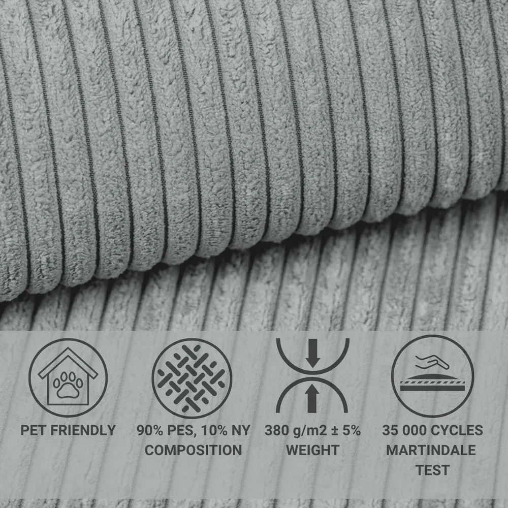 Szürke kordbársony kinyitható-tárolóhelyes sarokkanapé (bal oldali-L alakú) Tonga – Maison de Rêve