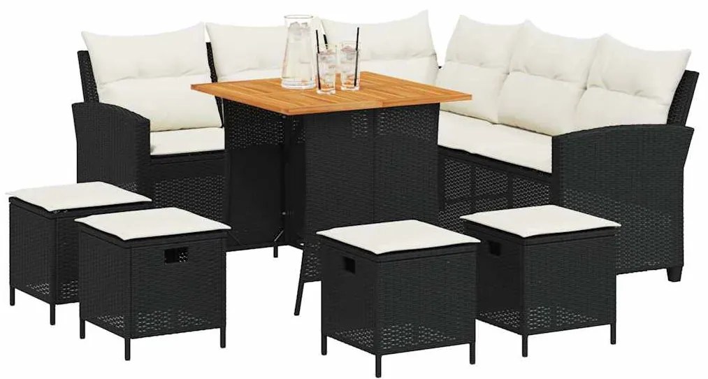 6 részes fekete polyrattan kerti ülőgarnitúra párnával L-alakú