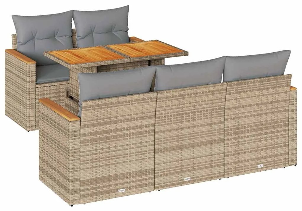 6 részes bézs polyrattan akácfa kerti ülőgarnitúra párnával