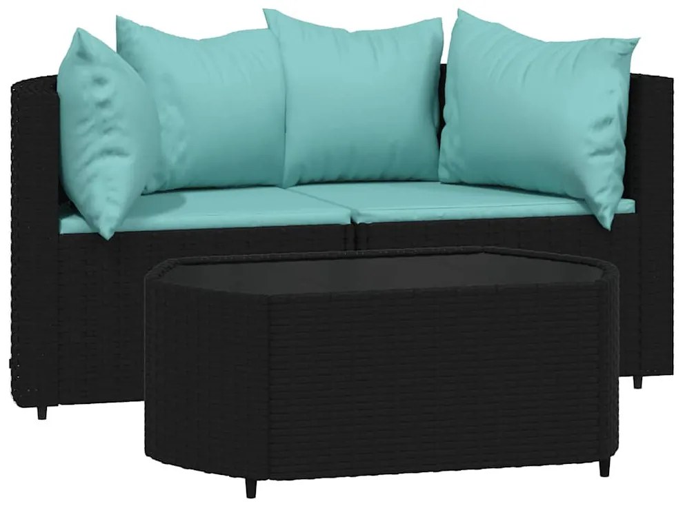 3 részes fekete polyrattan kerti ülőgarnitúra párnákkal
