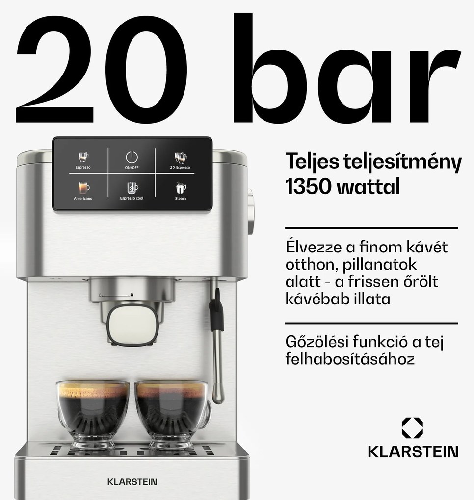 Klarstein SteelPresso kávégép portaszűrővel, Érintőkijelző, 20 bar, Rozsdamentes acél