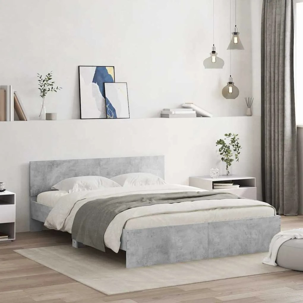 betonszürke ágykeret fejtámlával és LED-del 150x200 cm