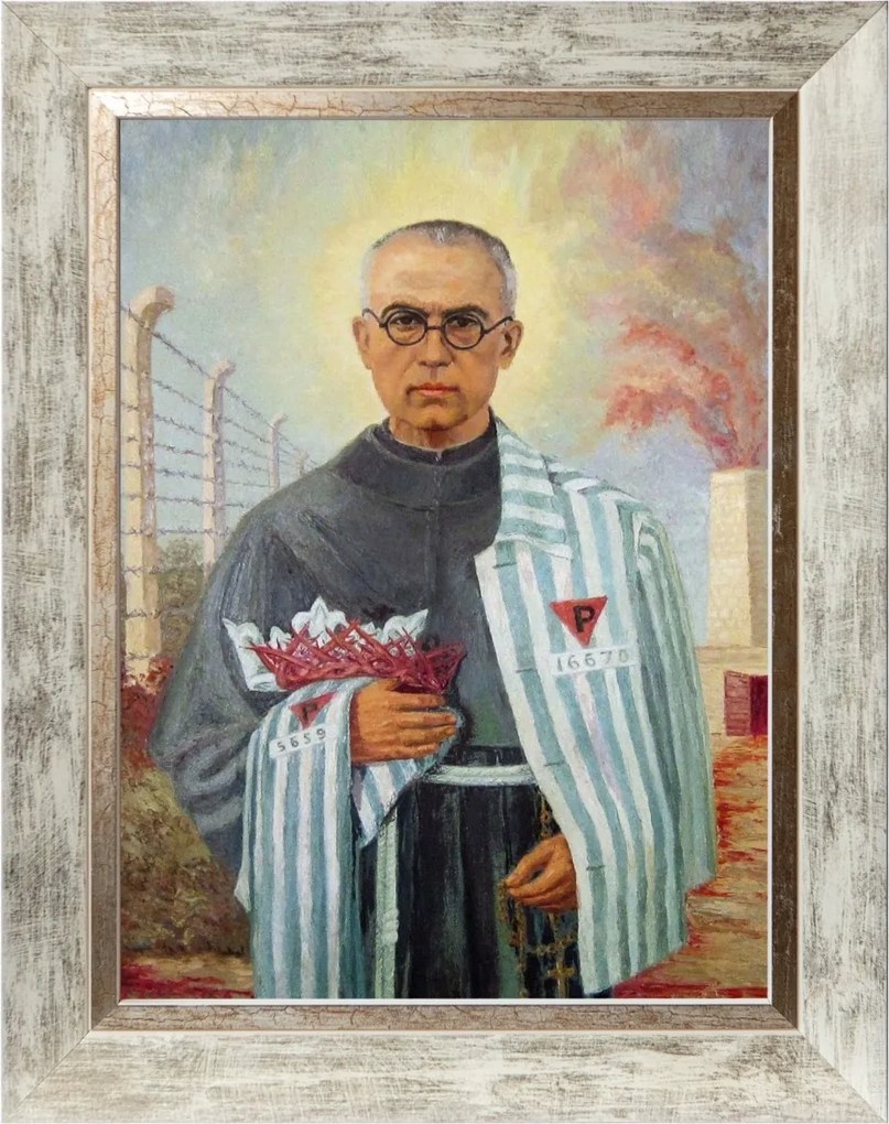 Szent Maximilian Lombik Vallásos Vászonkép Fehér Keretben 30X40
