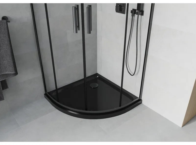 Mexen Rio, negyed kör alakú zuhanykabin tolóajtóval 90 x 90 cm, 5mm átlátszó üveg, fekete profil + fekete zuhanytálca, 863-090-090-70-00-4170B