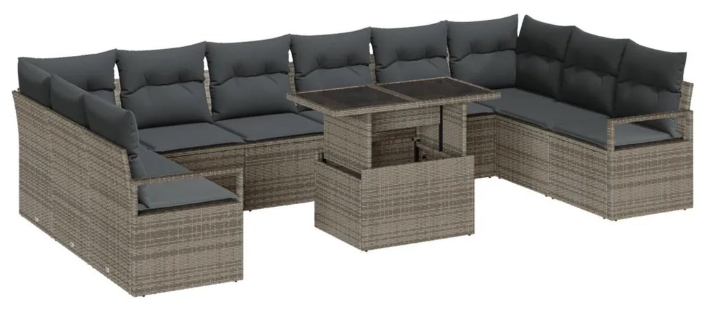 11 darabos Kerti Sofa Szett Párnákkal Szürke Poli Rattan, 2-Fős Kerti Sofa Tárolóval és Párnákkal Szürke Poli Rattan