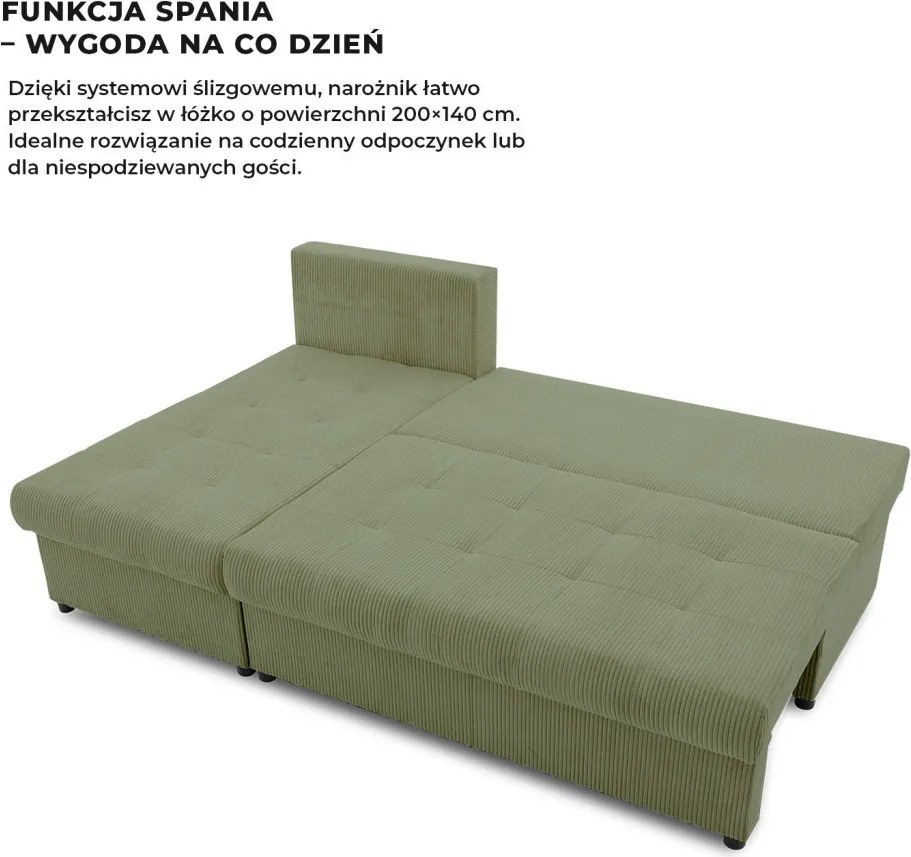 Venezia sarokkanapé, kordbársony, univerzális oldal, hab töltet, zöld