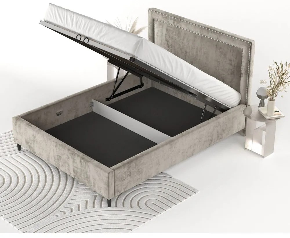 Bézs kárpitozott ágyneműtartós franciaágy ágyráccsal 140x200 cm Baleine – Maison de Rêve