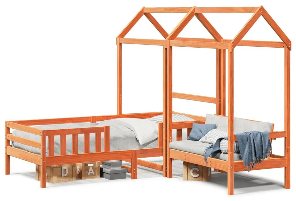 viaszbarna tömör fenyőfa ágy és pad szett tetővel 80 x 200 cm